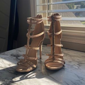 Rose Gold/ Gold Glitter and Rhinestone Comfort Stiletto Heels Ankle Sandal Heels